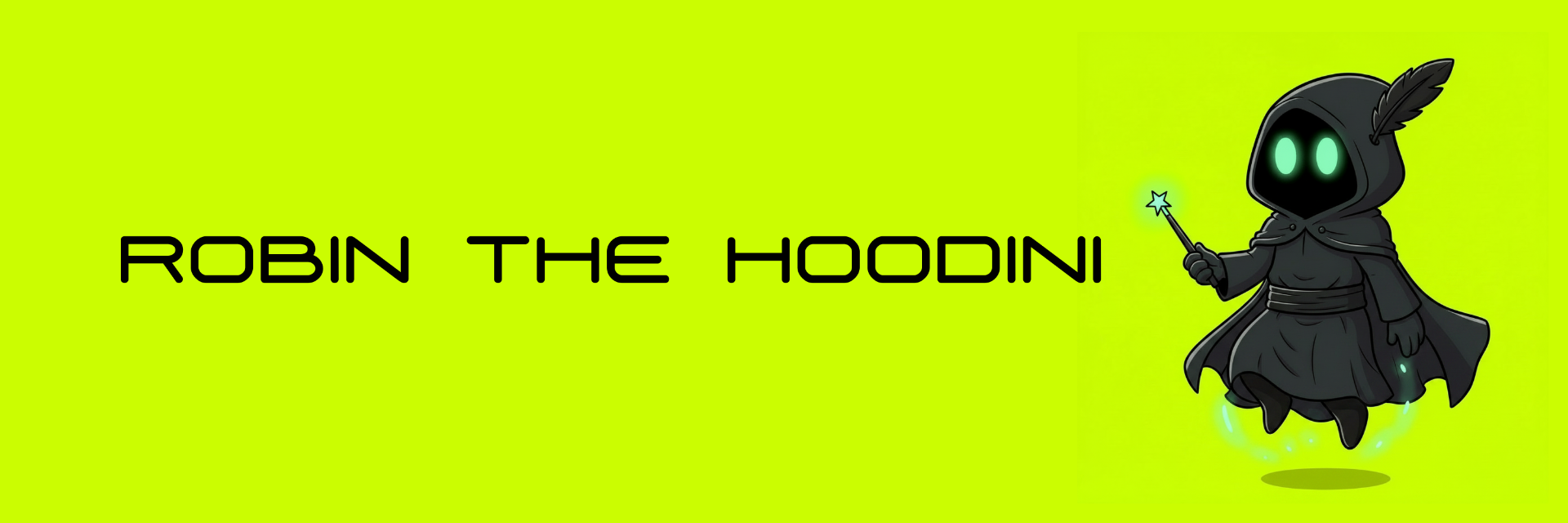Robin the Hoodini — hooded magician mascot with glowing cyan eyes